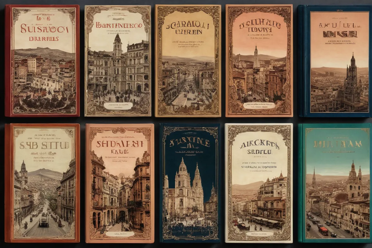 Covers de terciopelo con letra española vintage y vistas urbanas animadas