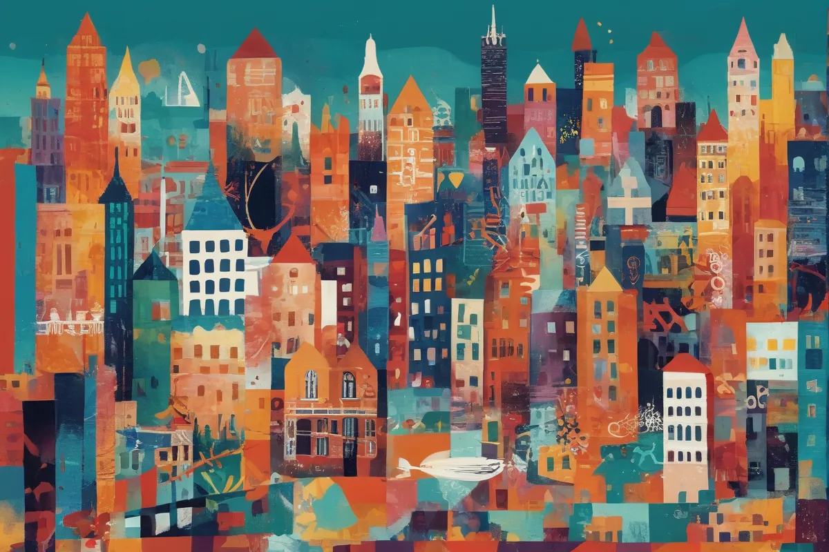 El arte abstracto con patrones geométricos,Typography en colores que reflejan palabras españolas y una imagen luminosa de una ciudad