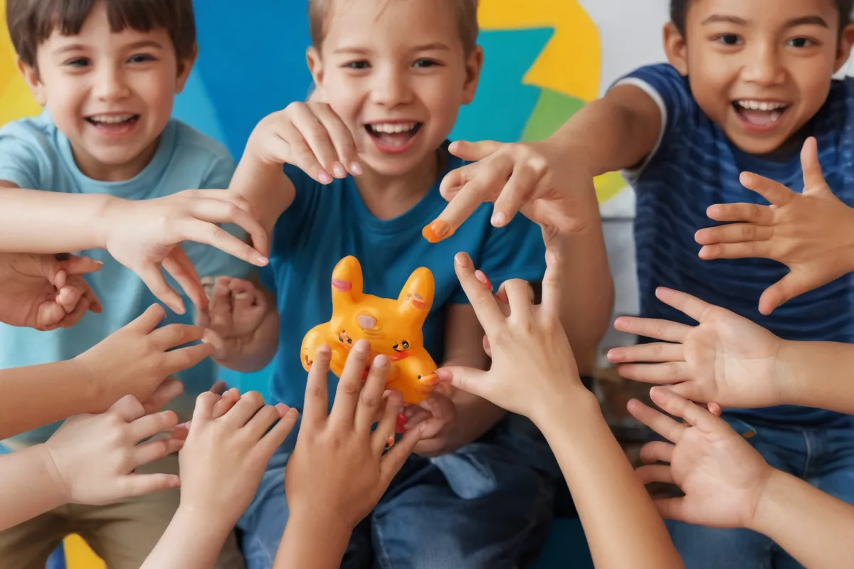 Dibujos vibrantes de niños exploradores con manos y boca en movimiento