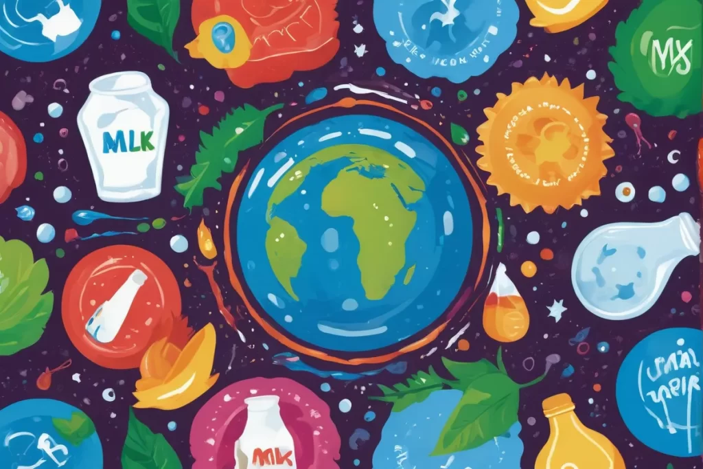 ¡Título intrigante! Ilustraciones vibrantes de gotas de leche rodeadas por un globo y símbolos de reciclaje