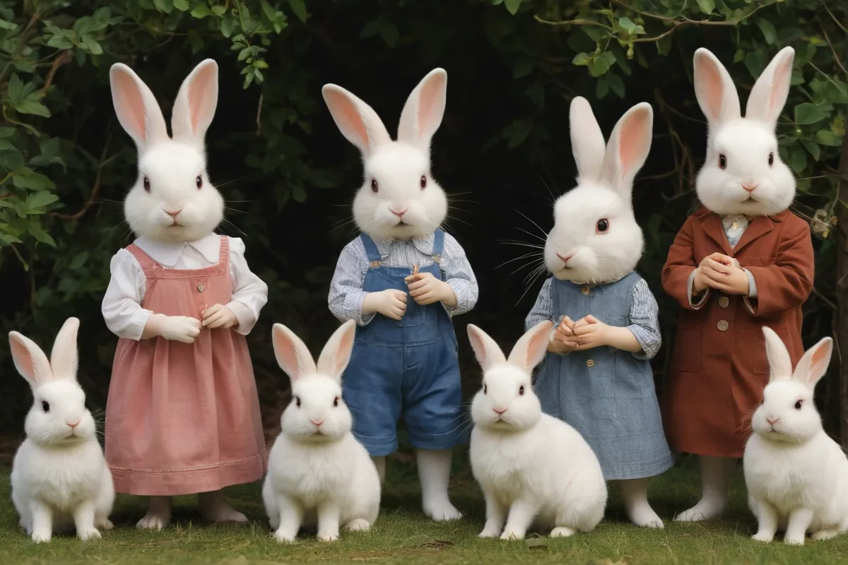 Un retrato irónico de conejos y niños con preguntas desafiantes sobre su naturaleza como mascotas. **Translation:** A satirical portrayal of bunnies and children with provocative questions about their nature as pets