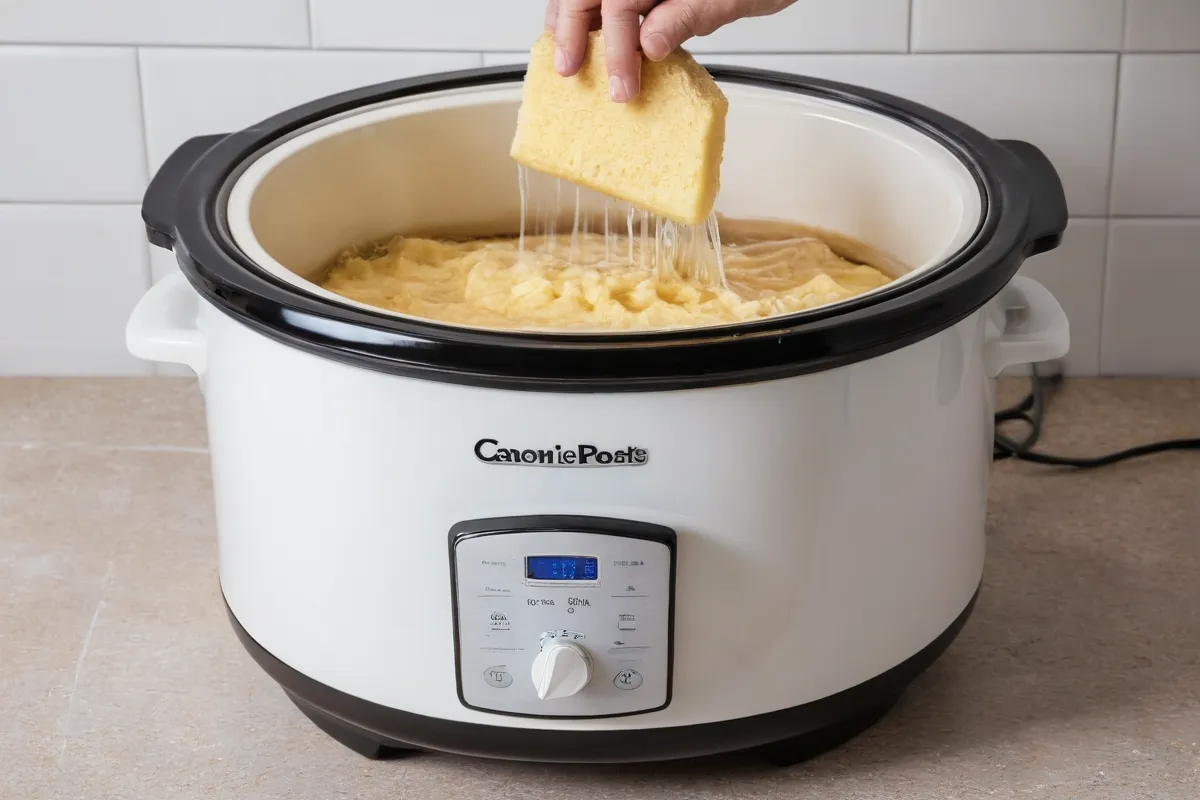 Una foto sencilla de un hervidor eléctrico limpiando el esmalte con agua y esponja