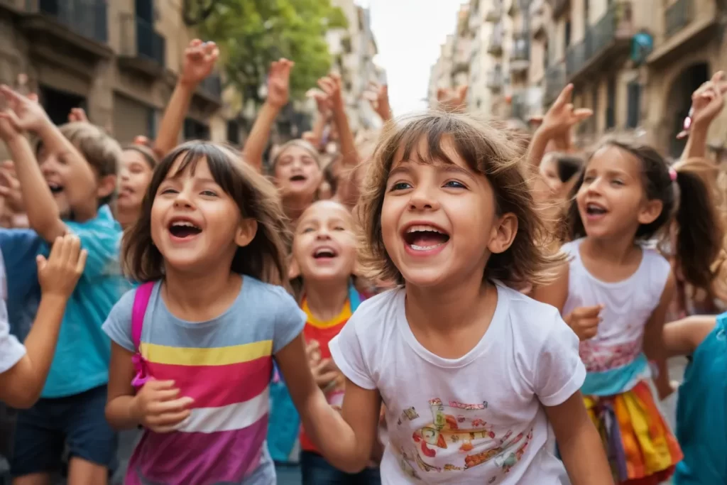 Un colorido festival con niños felices en la escena urbana de Barcelona