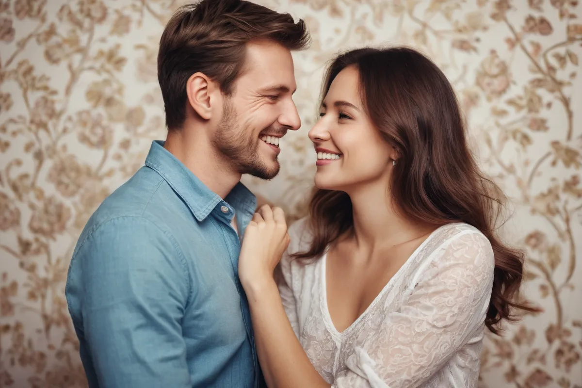 Una pareja amorosa se miran con caricias y sonrisas en la pintura de relaciones tranquilas