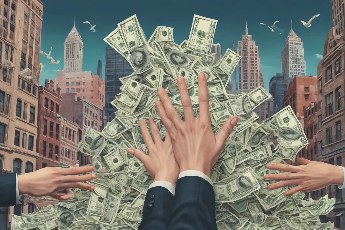 Illustration de manos en confúsio, agarrando montañas de dinero en una ciudad alegre