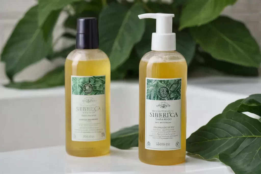 Una vista de detalle de hojas exuberantes y un elegante frasco de shampoo Nature Siberica
