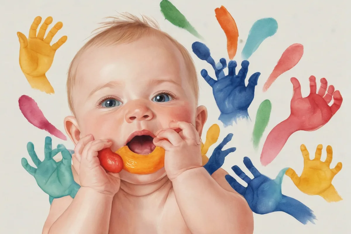 Las ilustraciones coloridas muestran a bebés jugando activamente, agarrando y explorando objetos