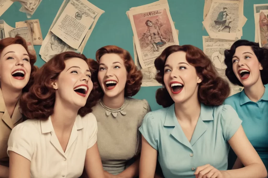 Ilustración de mujeres que ríen en un contexto surrealista y caricaturesco de sus primeras experiencias