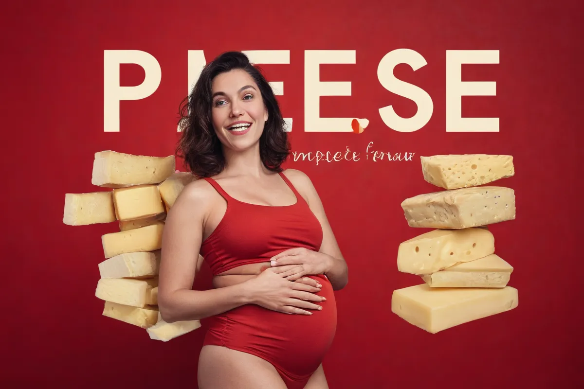 Imagen de queso y una mujer embarazada en un fondo rojo