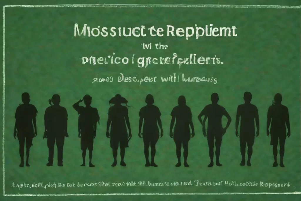 Imágenes de siluetas humanas verdes con texto: repelente de mosquitos para humanos. **Translation:** Image/Silhouettes of humans against a green background; text says Mosquito repellent forHumans: Protect yourself with the appropriate repellent