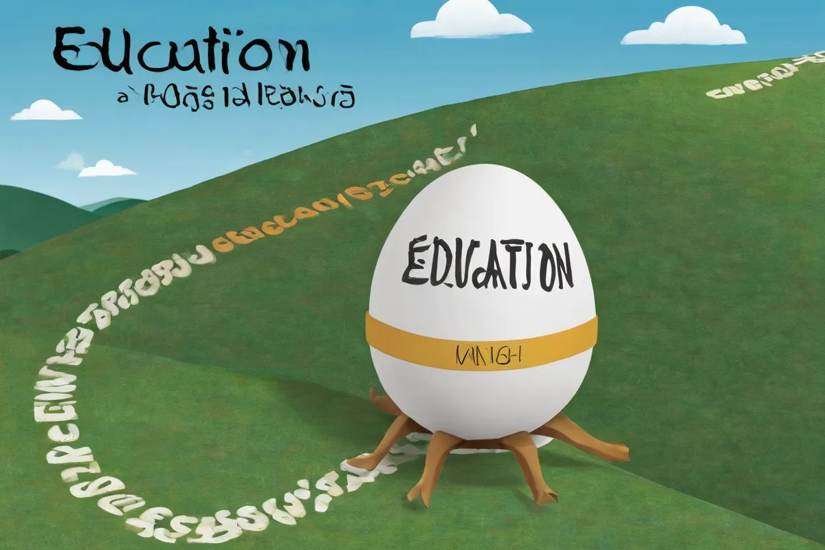 **Un huevo de dibujos rodando cuesta una colina con “Eduación” escrito.**