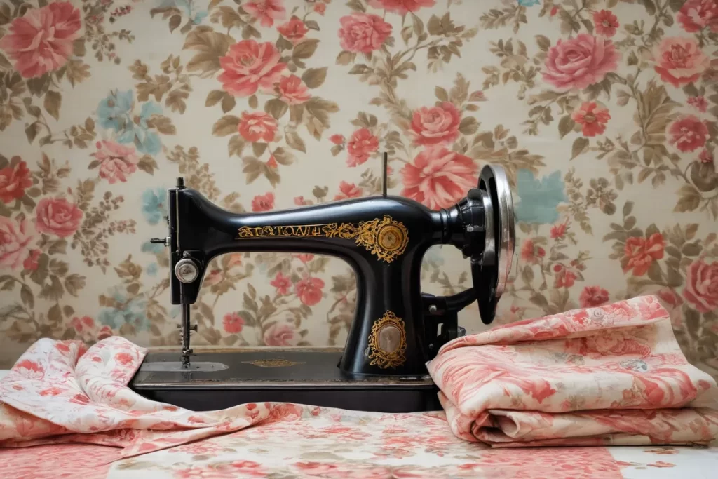 Un vintage máquina de coser con tela y patrones de diseño de papel pintado