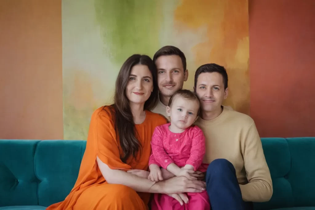 Un retrato familiar sereno con colores vibrantes