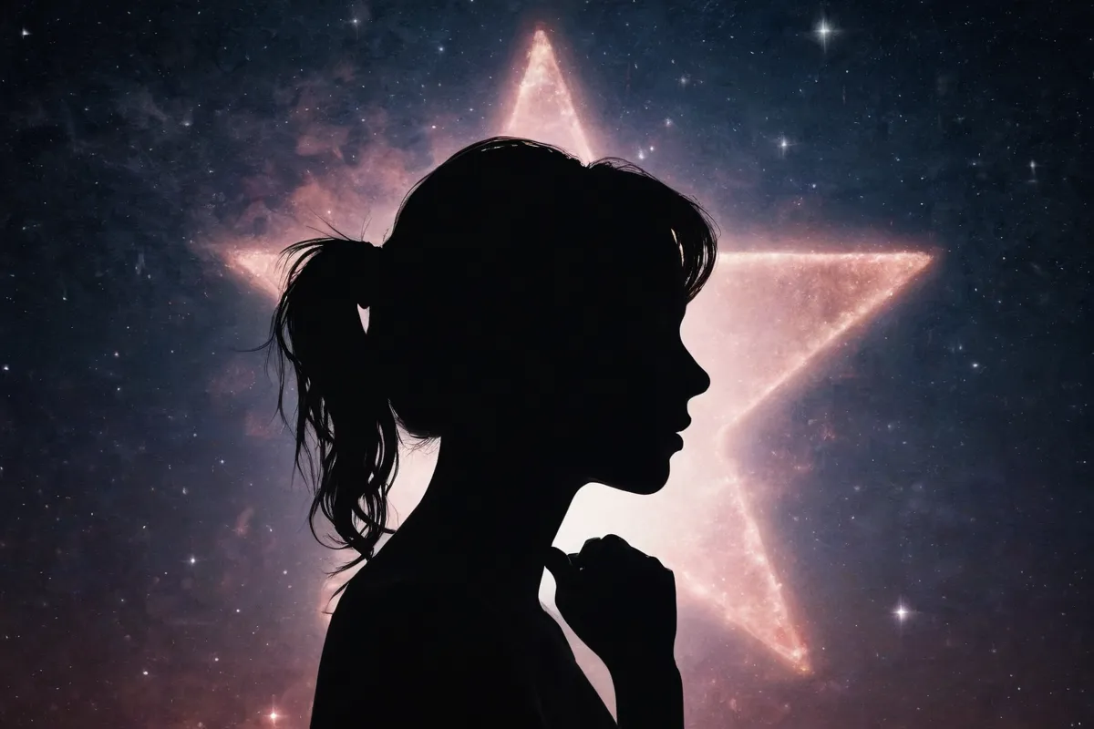 Una silueta femenina con símbolos de dolor bajo la galaxia