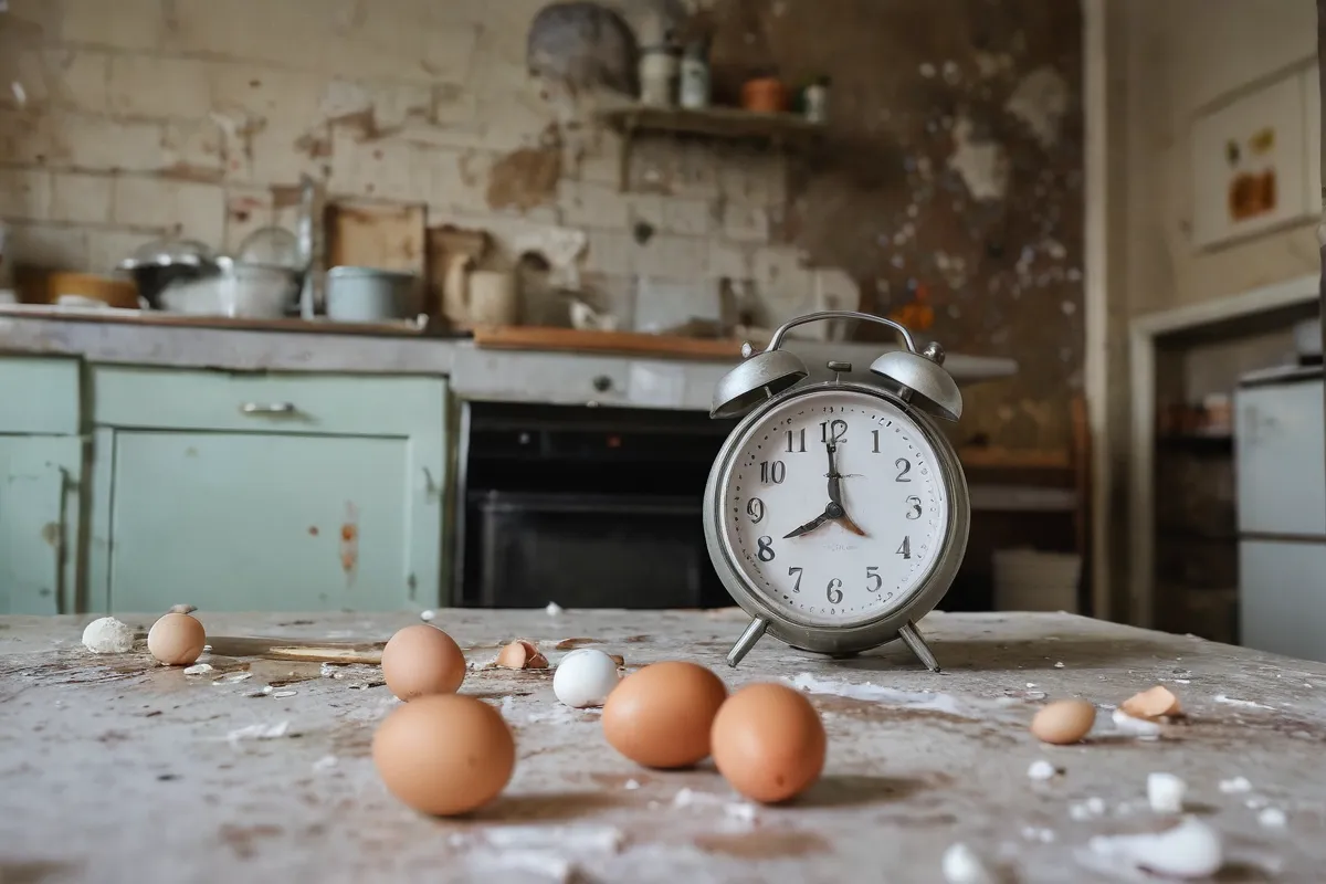 Una escena de cocina borrosa con huevos esparcidos y reloj avisando en un fondo descolorido
