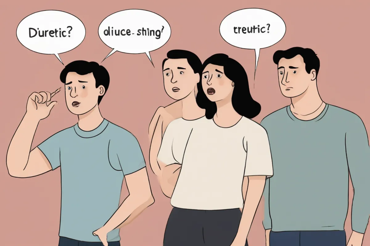 Un dibujo de animación con personas que preguntan ¿Qué es la cuerda diurética?con tono preocupado