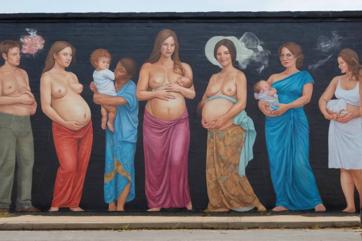 Un mural familiar retrata el embarazo, la lactancia y las limitaciones del cuidado materno en una escala reducida