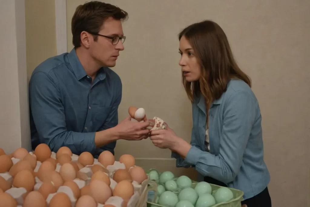 Representa a una pareja que mira con nervios un montón de huevos