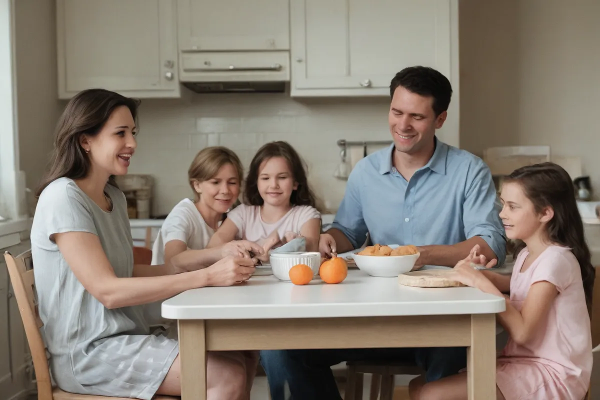 Colores bajos retratan una familia en la mesa de cocina