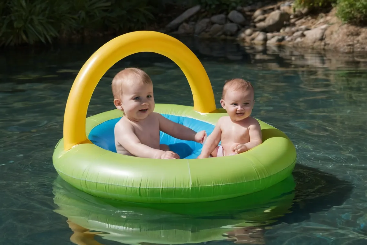 Aventuras en la piscina: juguetes inflables para niños de 6 meses en adelante. (Translation: Pool playtime: inflatable toys for children 6 months and older)
