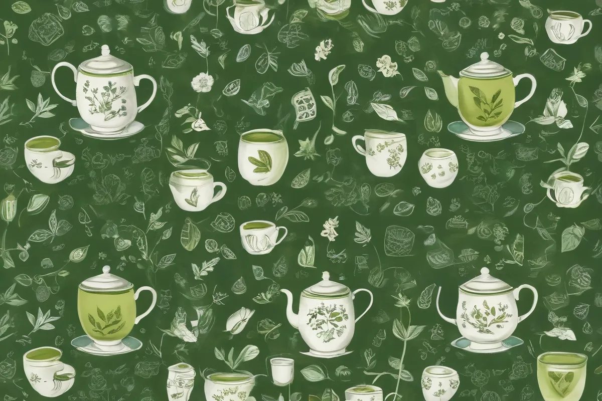 La pared tiene ilustraciones de té verde, bebés y símbolos médicos