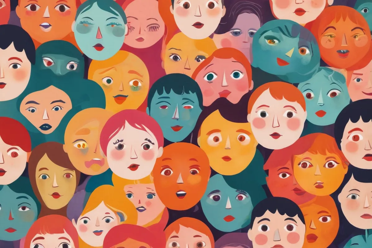 Dibujo colorido con caras infantiles y formas abstractadas