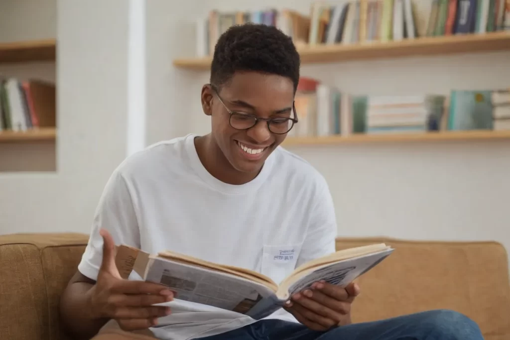 La imagen muestra un estudiante leyendo un libro de inglés con una sonrisa